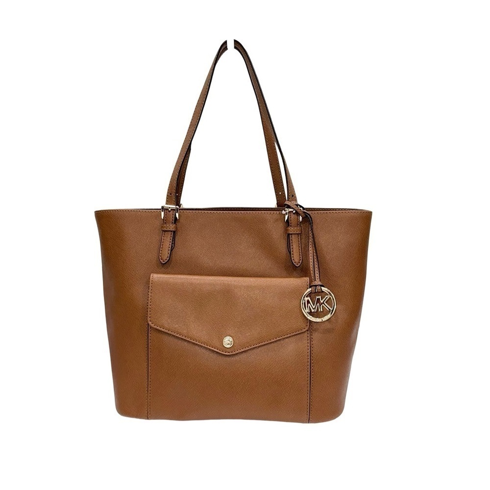 Michael Kors MK Tote Bag Jet Set Large Leather Pocket Color Luggage - Picture 1 of 16